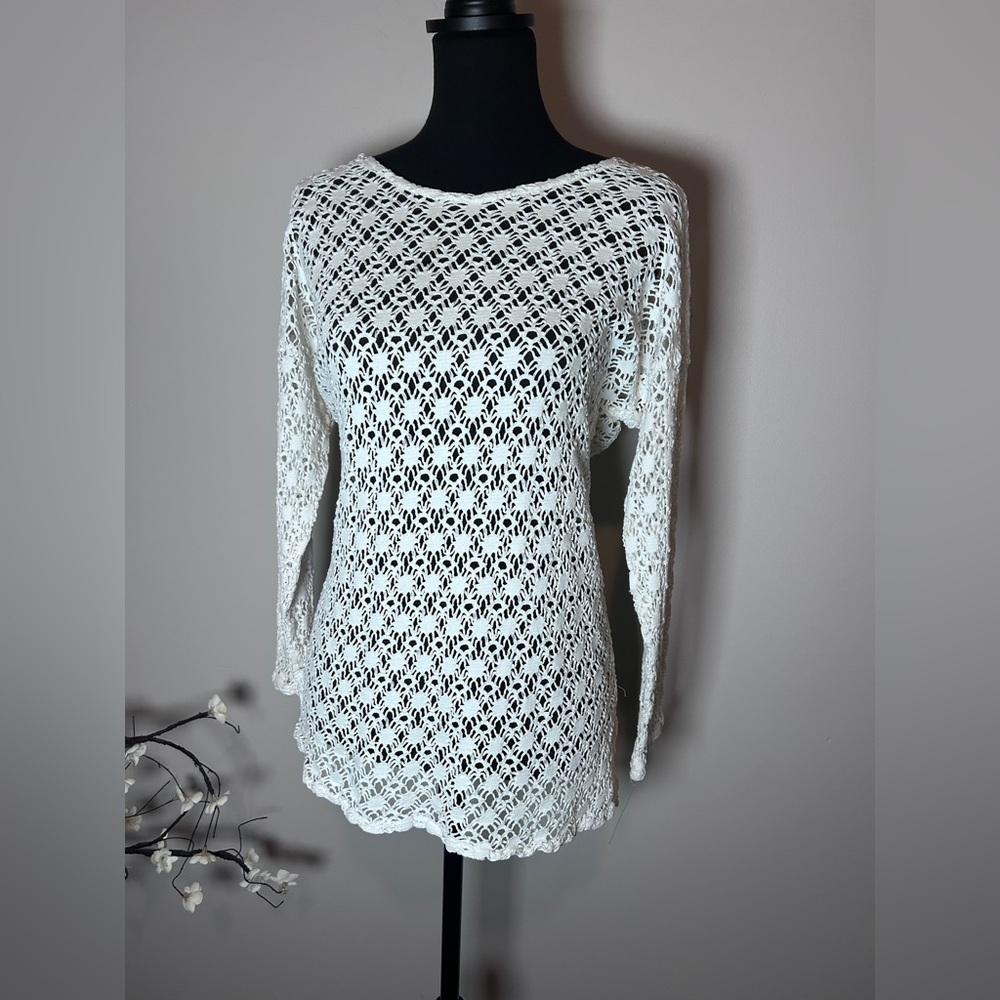 Vintage 80s 90s Crochet Sweater Cream Open Knit Boho Sweater USA Made Large